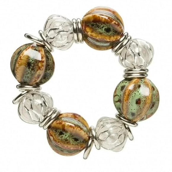Handmade Chunky Green Brown Mottled Glazed Porcelain Beads Stretch Bracelet - Picture 1 of 1
